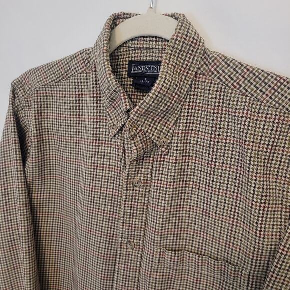 Vintage Lands' End Kids Button Down Shirt 14-14 Husky Brown Check Long Sleeve - Picture 2 of 11